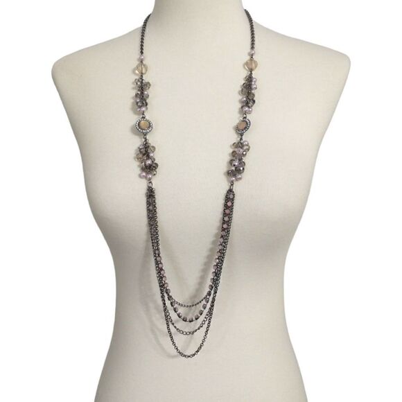 Bohemian Multi Strand Necklace Rhinestones Beaded Gunmetal Simply Vera Wang - Picture 12 of 16